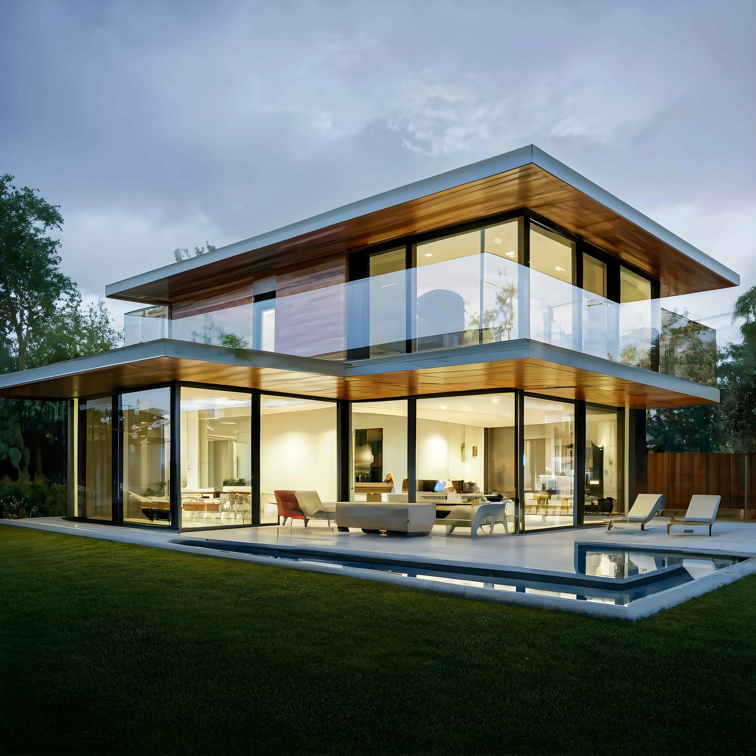 Modern two-story house with large glass windows, wooden accents, and outdoor patio with lounge chairs and a small pool