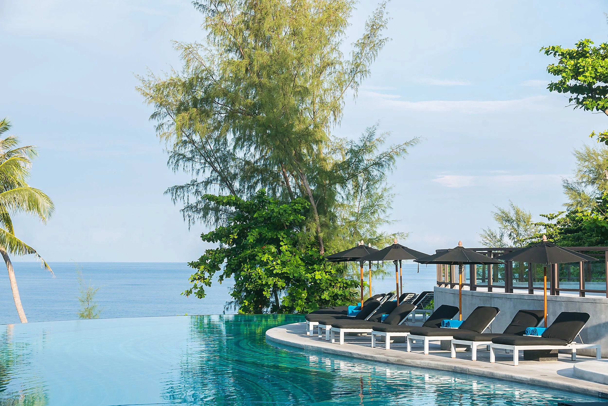 Swimming pool with black lounge chairs and umbrellas, overlooking a tropical beach with trees and the ocean in the background on a sunny day.
