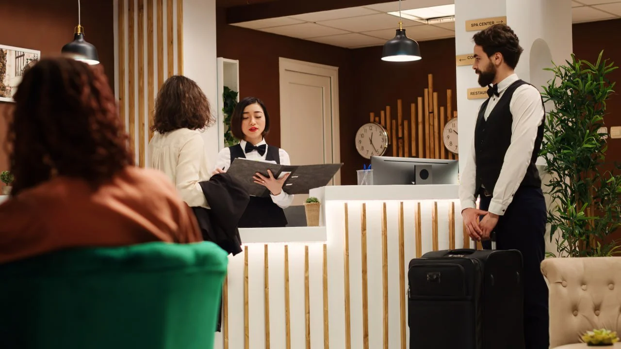 Hotel reception area with two receptionists assisting a guest with luggage, and another guest sitting in a green chair.