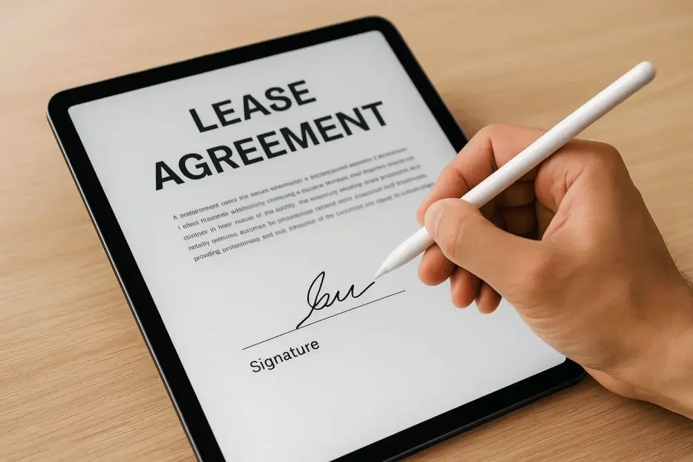 A person signing a lease agreement with a white stylus on a tablet device.