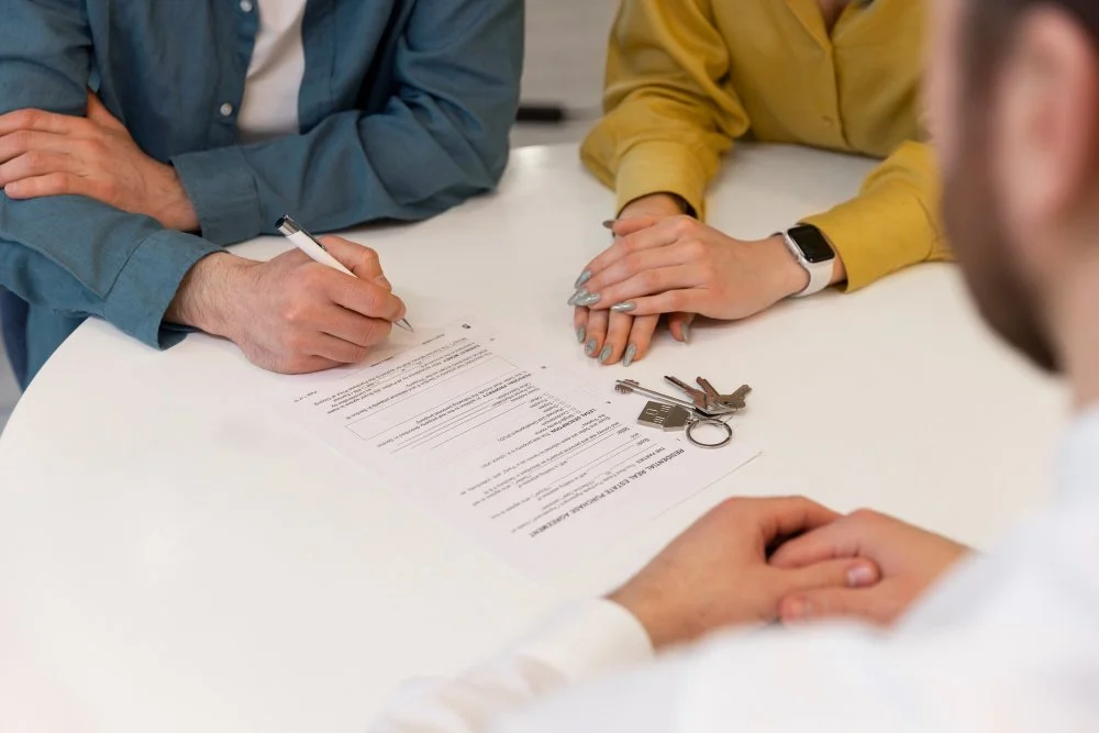 People signing a contract at a table with a set of keys.