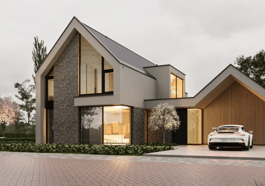 Modern house with large windows, a small tree in front, and a parked white sports car in driveway.