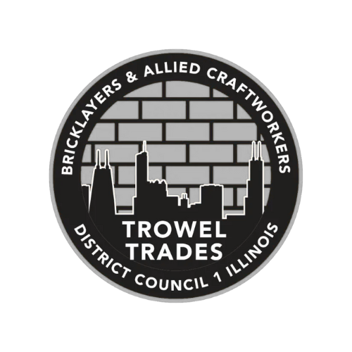 Black circular sticker with a city skyline and brick wall background, featuring text about Bricklayers & Allied Craftworkers and Trowel Trades in Illinois.