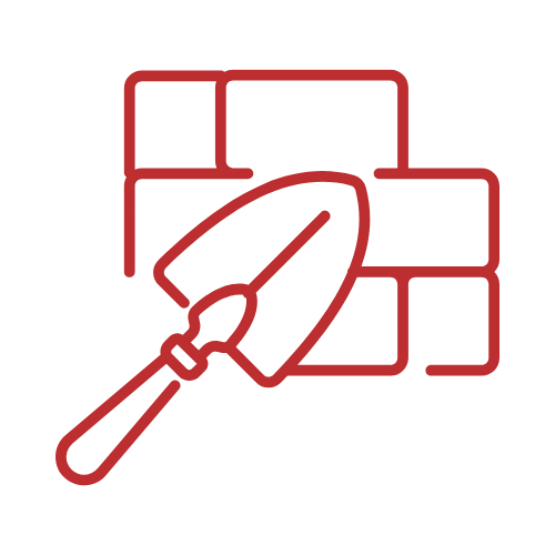 Outline graphic of a trowel and brick wall, representing construction or masonry work.