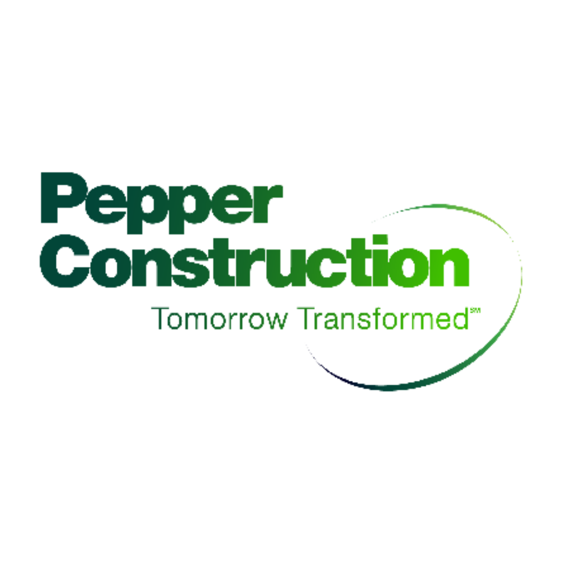 Logo for Pepper Construction with the tagline 'Tomorrow Transformed' and a green swoosh.