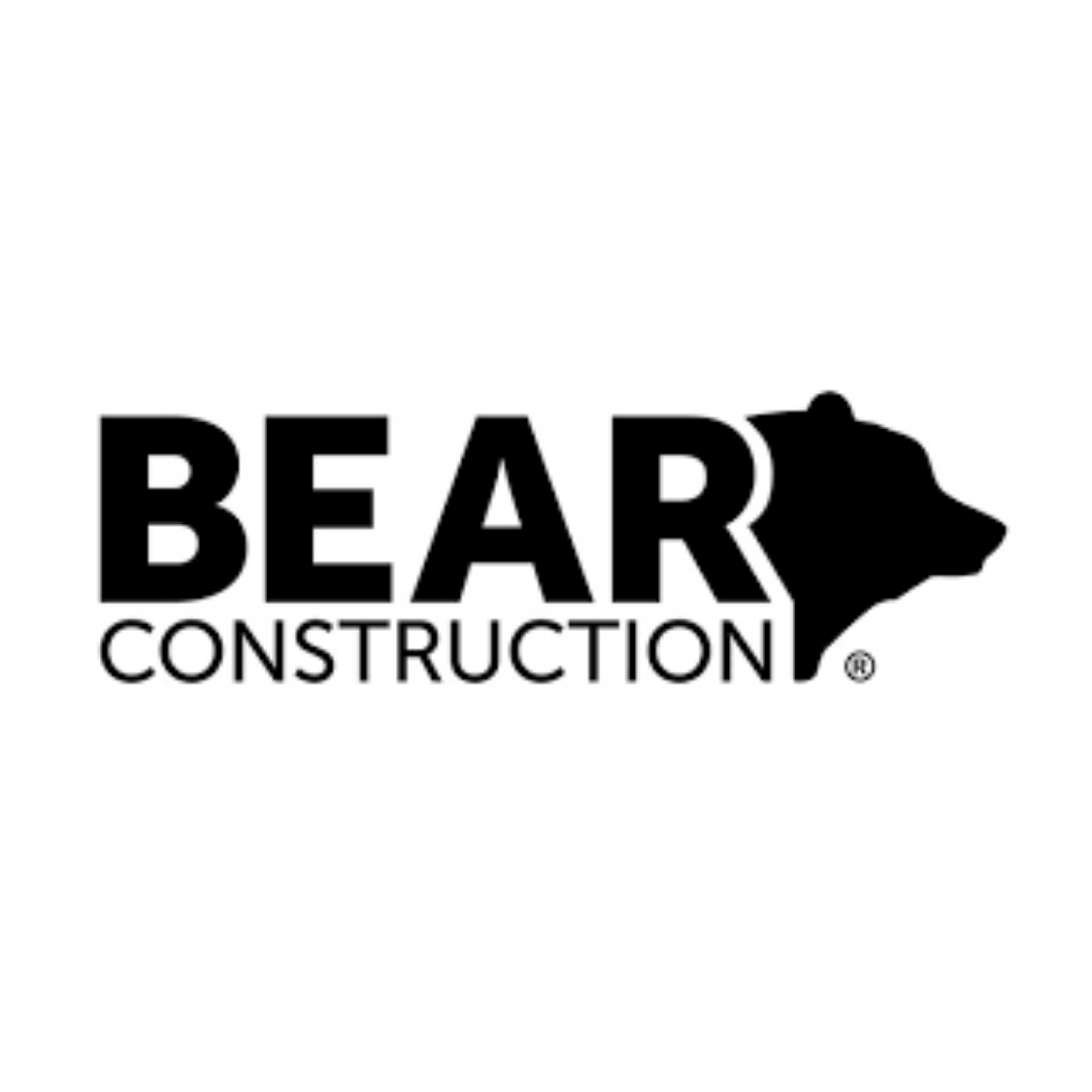 Black and white logo for Bear Construction, featuring the word 'BEAR' with a bear's head silhouette integrated into the letter 'A' and the word 'CONSTRUCTION' below.