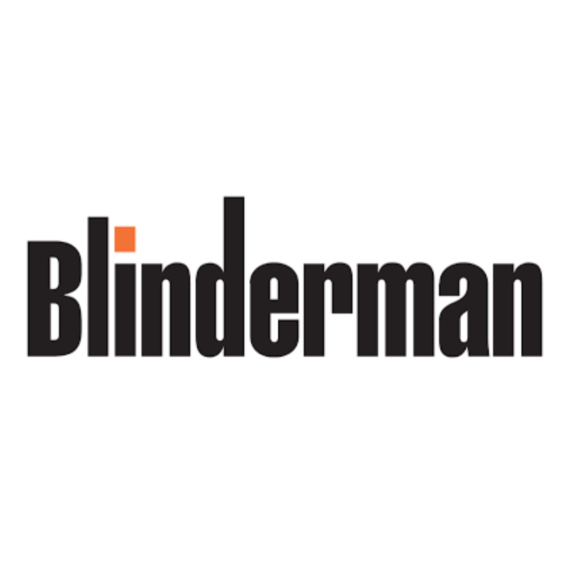 Logo for 'Blinderman' in bold black letters with a small orange square above the 'i'.