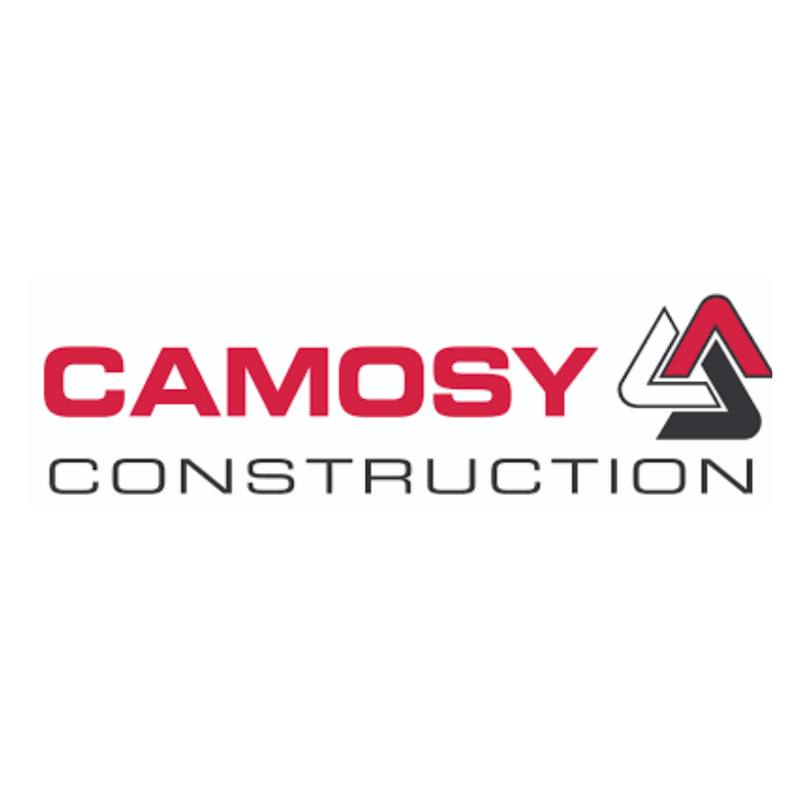 Camosy Construction logo with red, black, and white text and a geometric triangle design.