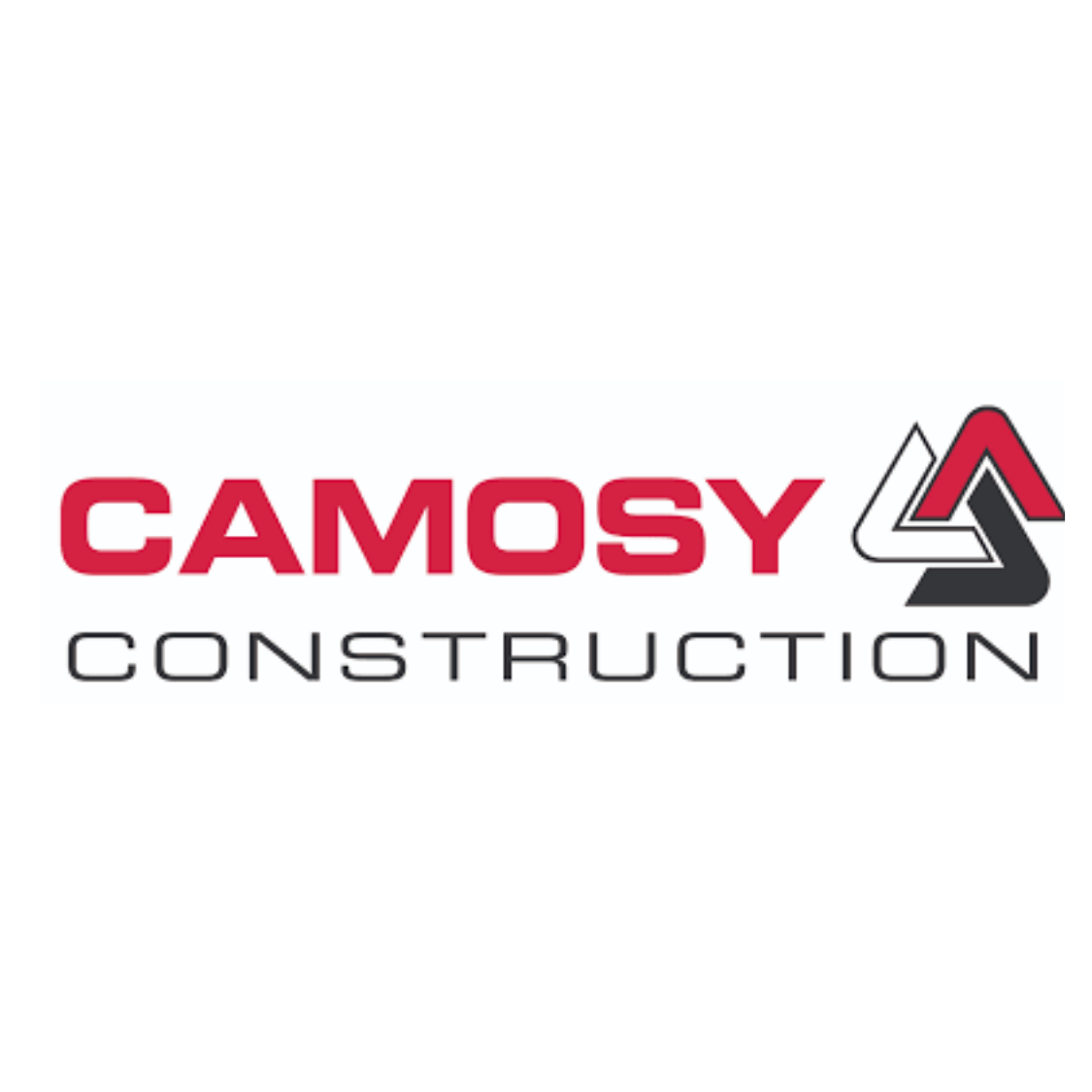 Logo of Camosy Construction with red and black triangular design element.