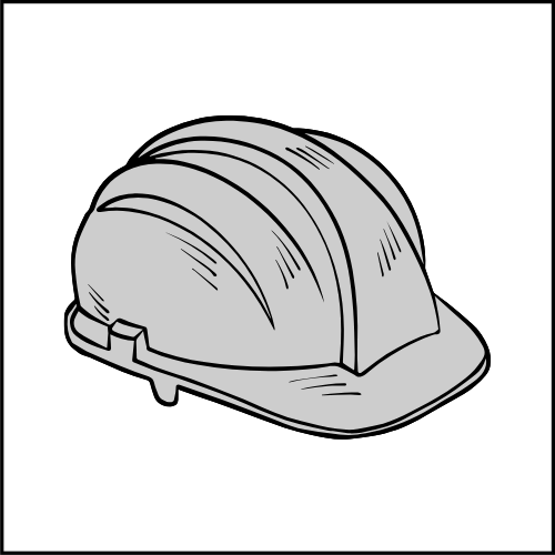 Black and white illustration of a construction hard hat.