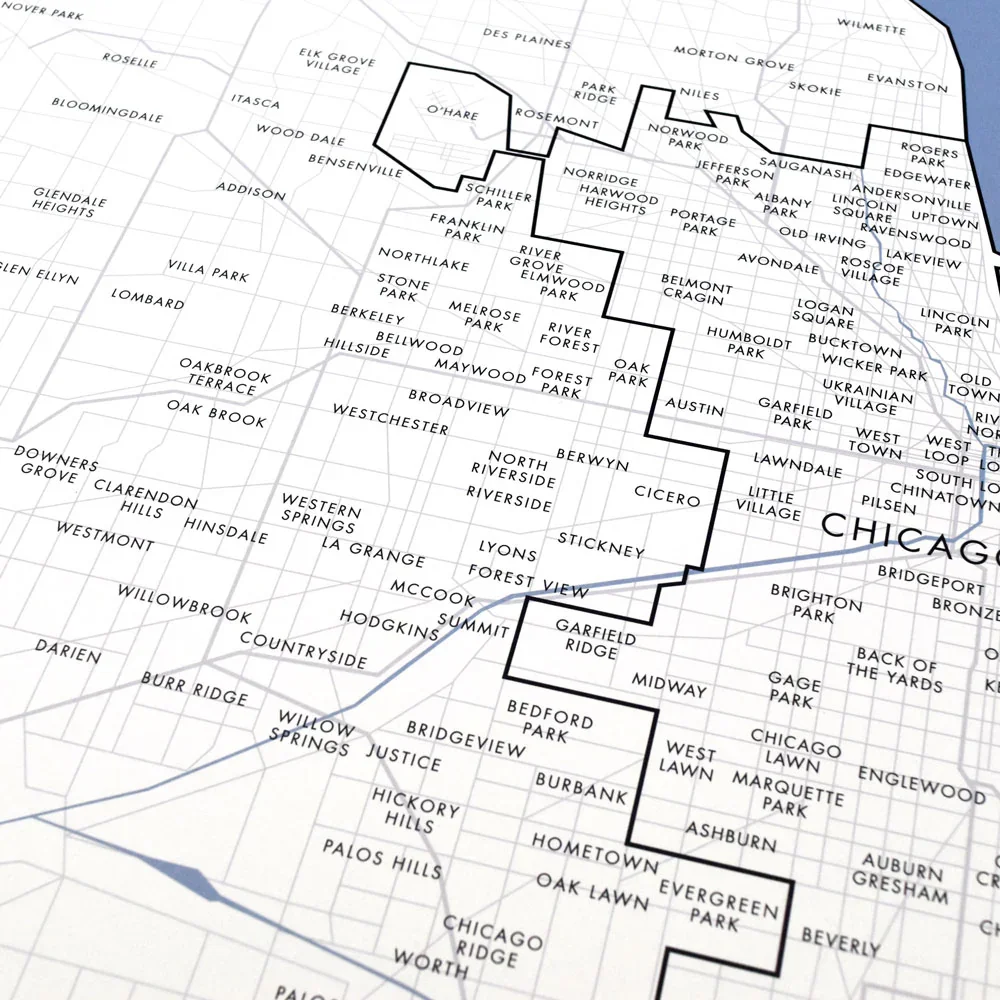 Map of Chicago neighborhoods with bold outline highlighting specific areas.