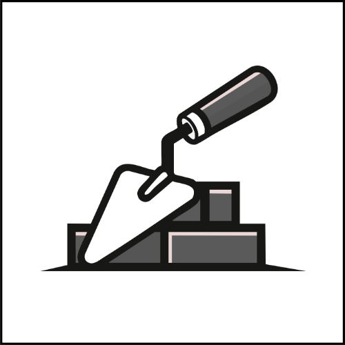 A trowel pouring cement onto bricks.