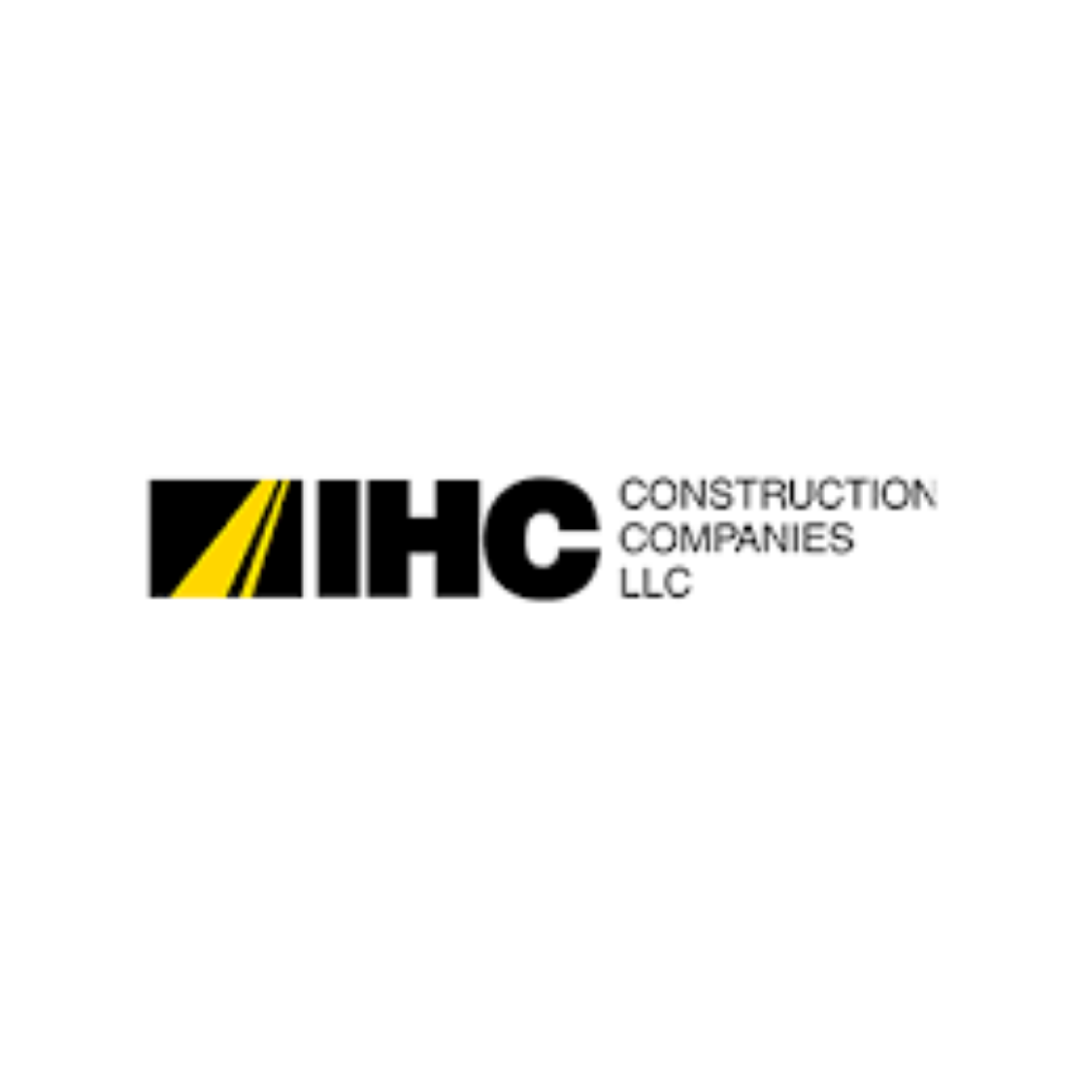 IHC Construction Companies LLC logo with black, yellow, and white colors featuring a stylized road icon.