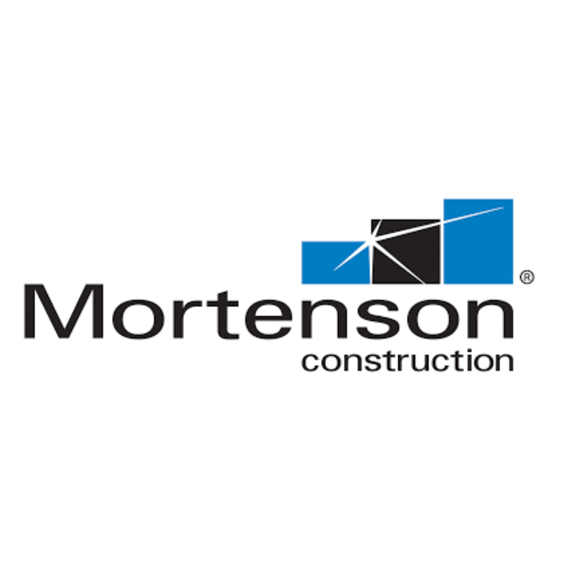Mortenson construction logo with blue and black geometric shapes and text