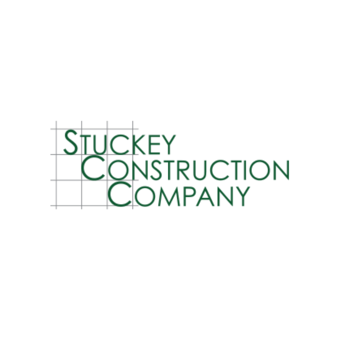 Logo for Stuckey Construction Company with green text and construction grid background.
