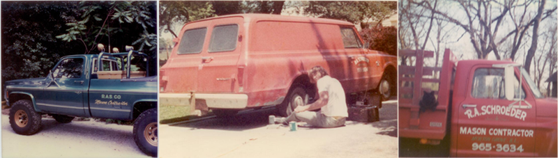 Three images of older pickup trucks and a person working on a vehicle. The first image features a blue pickup truck with a utility rack on the back. The second image shows a person working underneath a red pickup truck. The third image depicts a red pickup truck with a company sign that reads 'F.L. Schroeder Mason Contractor' and a phone number.