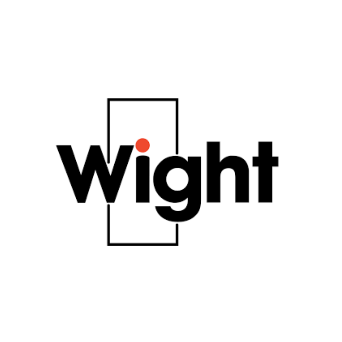 The logo for Wight features the black word 'Wight' with a red dot above the letter 'i' and a black outline of a rectangle around part of the letter 'i'.