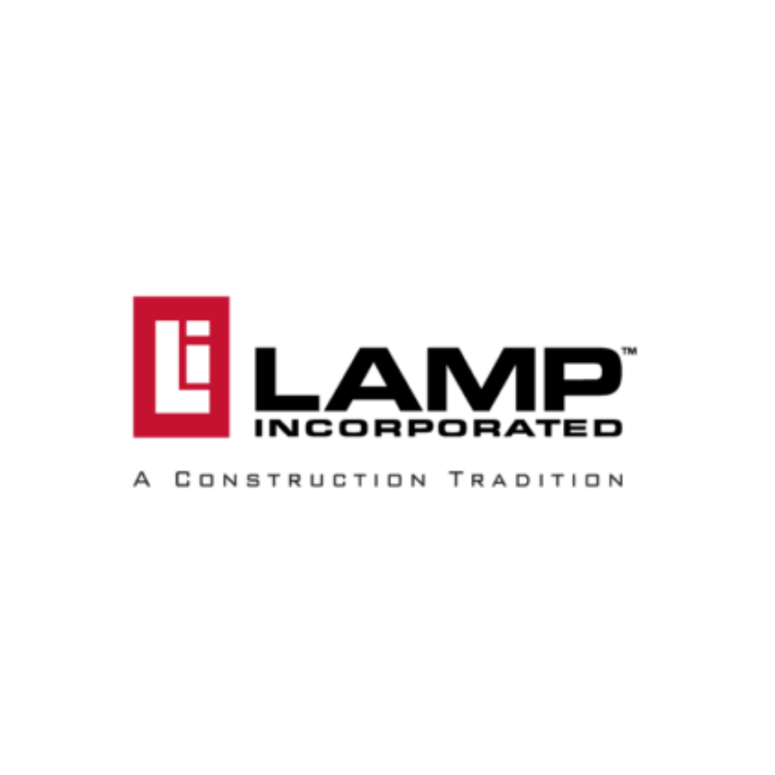 The logo of LAMP Incorporated featuring a red icon with a stylized 'L' and 'I' next to the company name in black text, with the tagline 'A Construction Tradition' underneath.
