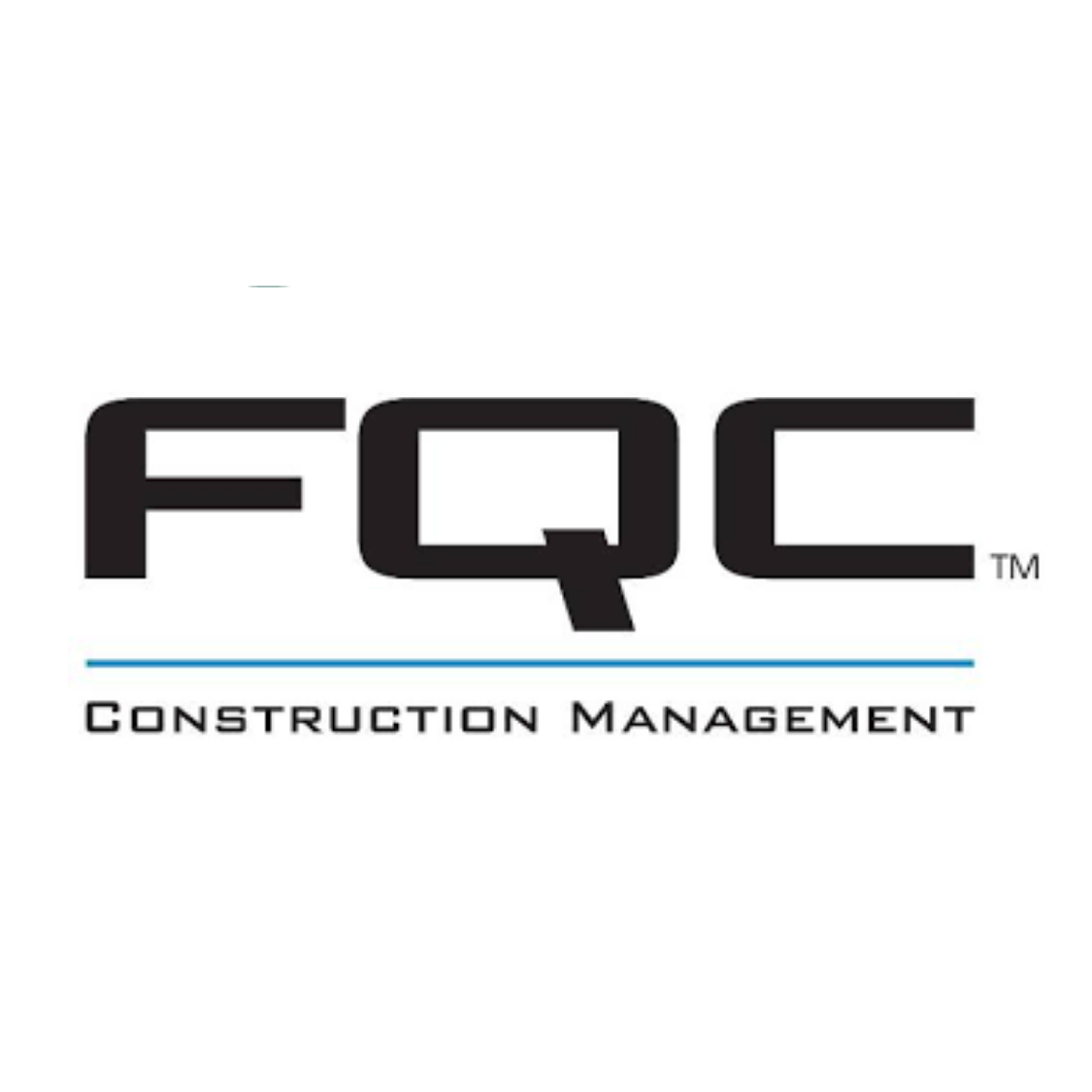 Logo for FQC Construction Management featuring black letters FQC on white background with blue line and black text beneath that reads 'Construction Management'.