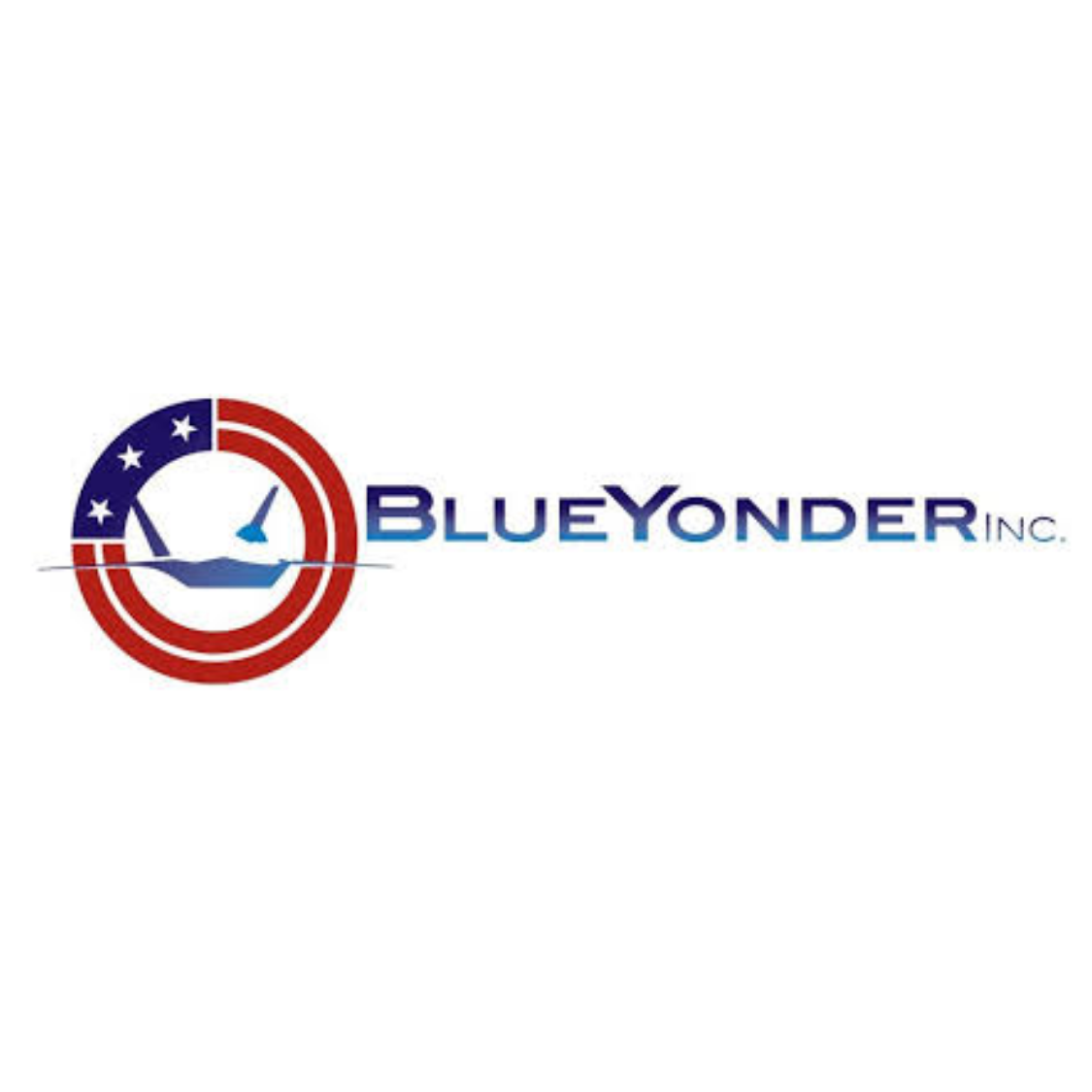 Logo for BlueYonder Inc. with a circular emblem featuring a stylized sailboat on water, surrounded by red, white, and blue color elements resembling the American flag.