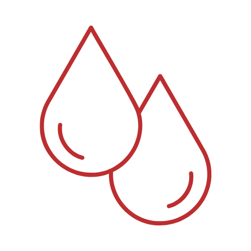 Line drawing of two blood droplets, one larger and one smaller, in red on a black background.