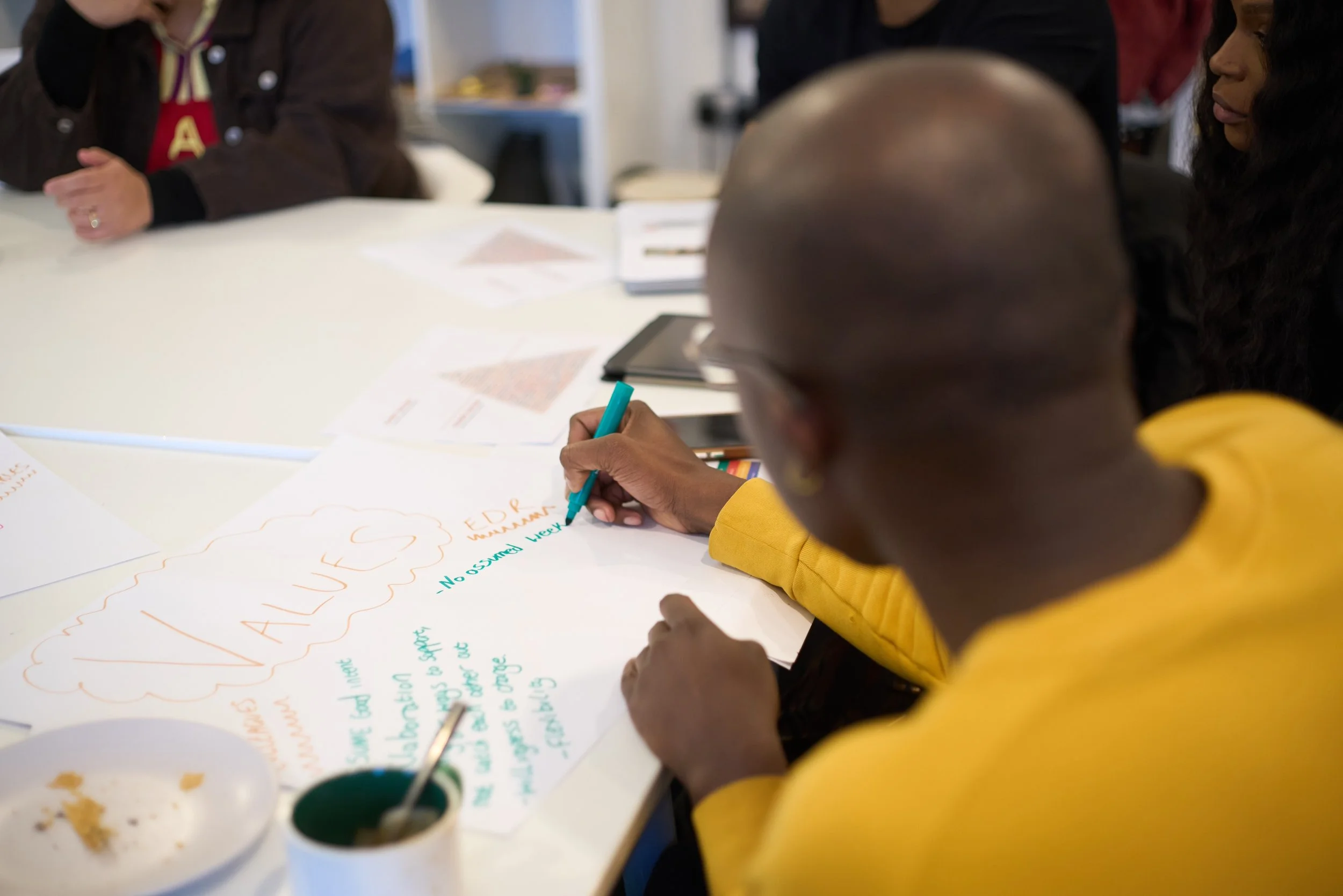 Person in yellow jacket writing on a poster with colorful markers at a table surrounded by other people, some of whom are visible in the background.