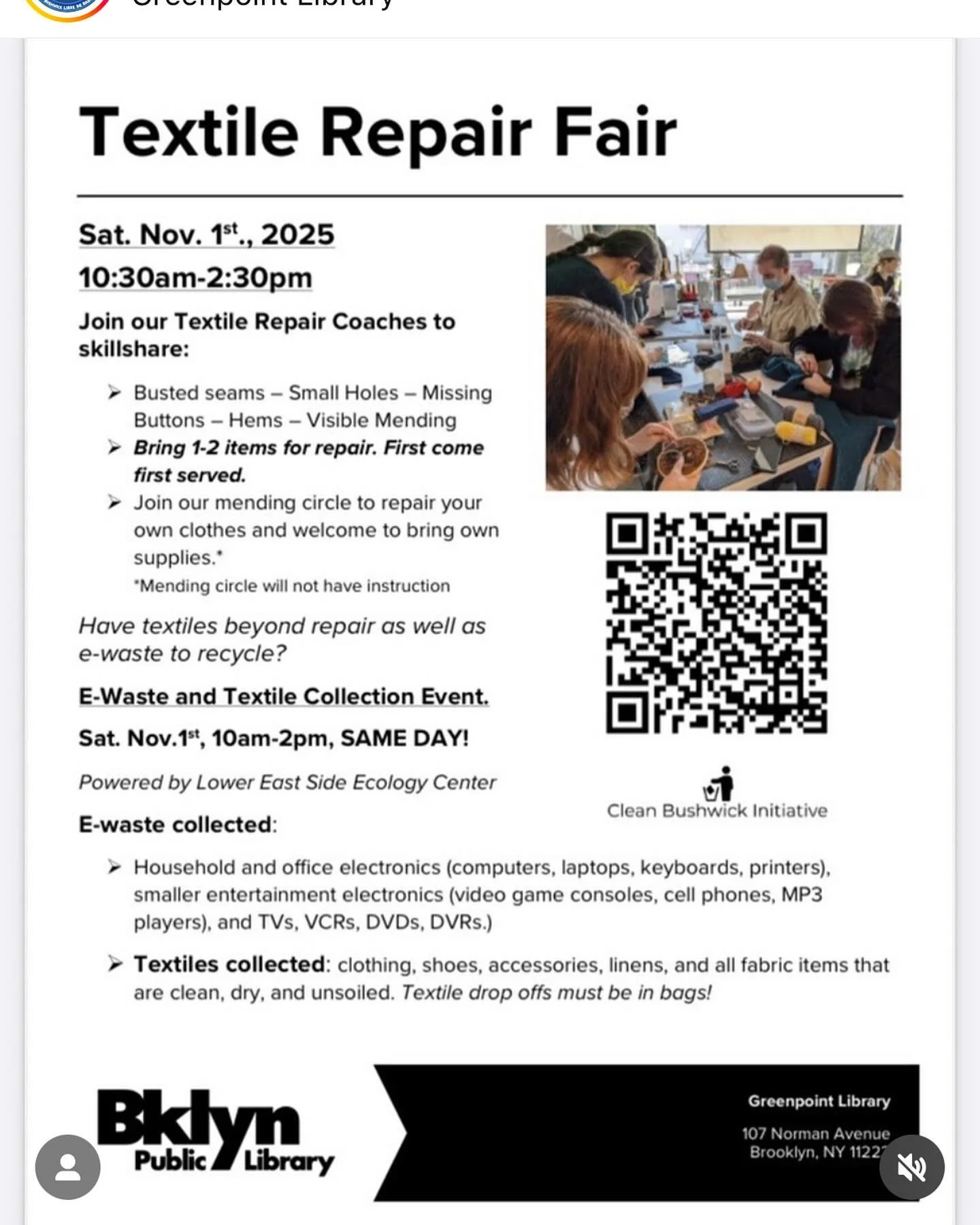 Greenpoint Library. Thank you @clean_bushwick_initiative for spreading the word!! @bklynlibrary #greenpointbrooklyn #textile #reuserevolution #upcycledfashion