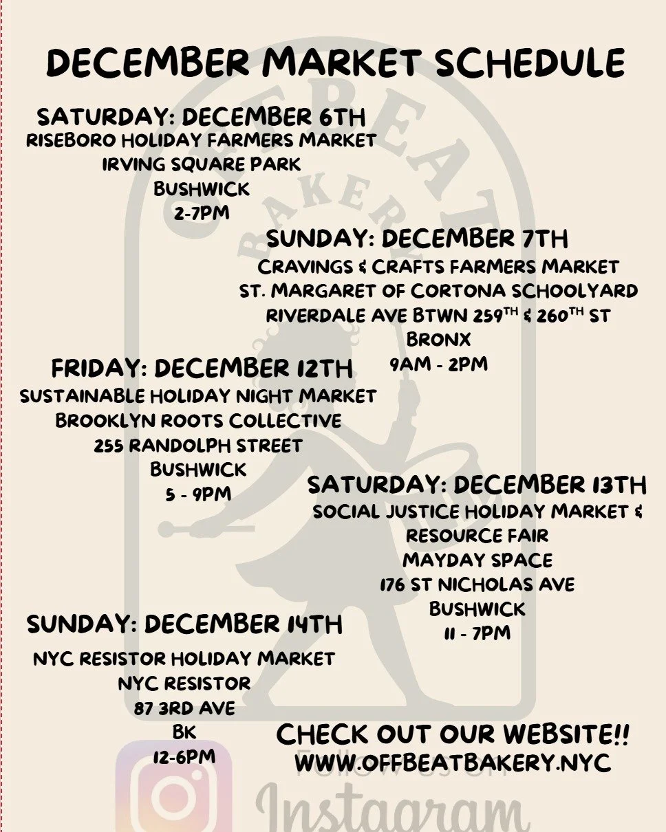 Excited for our first Holiday Season in #Bushwick!! Come out and find us at these amazing markets!! Kwanzaa Treats, Christmas Treats and Hanukkah Treats! All #vegan of course!! 

We are super happy to be at the following markets:
Saturday Dec 6th at 