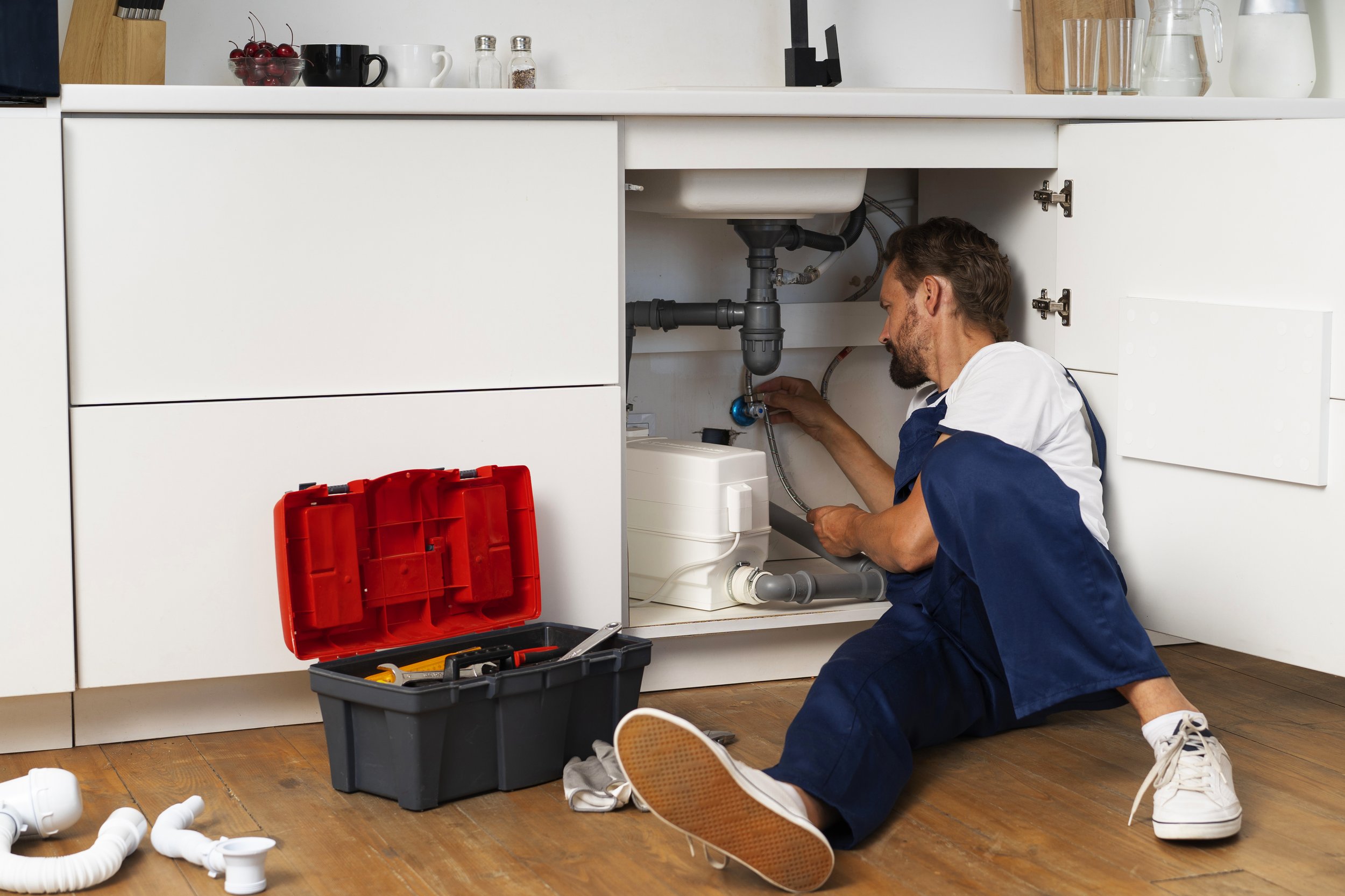 A man inspecting the plumbing under a kitchen sink, with tools and a toolbox on the wooden floor and pipe parts nearby.