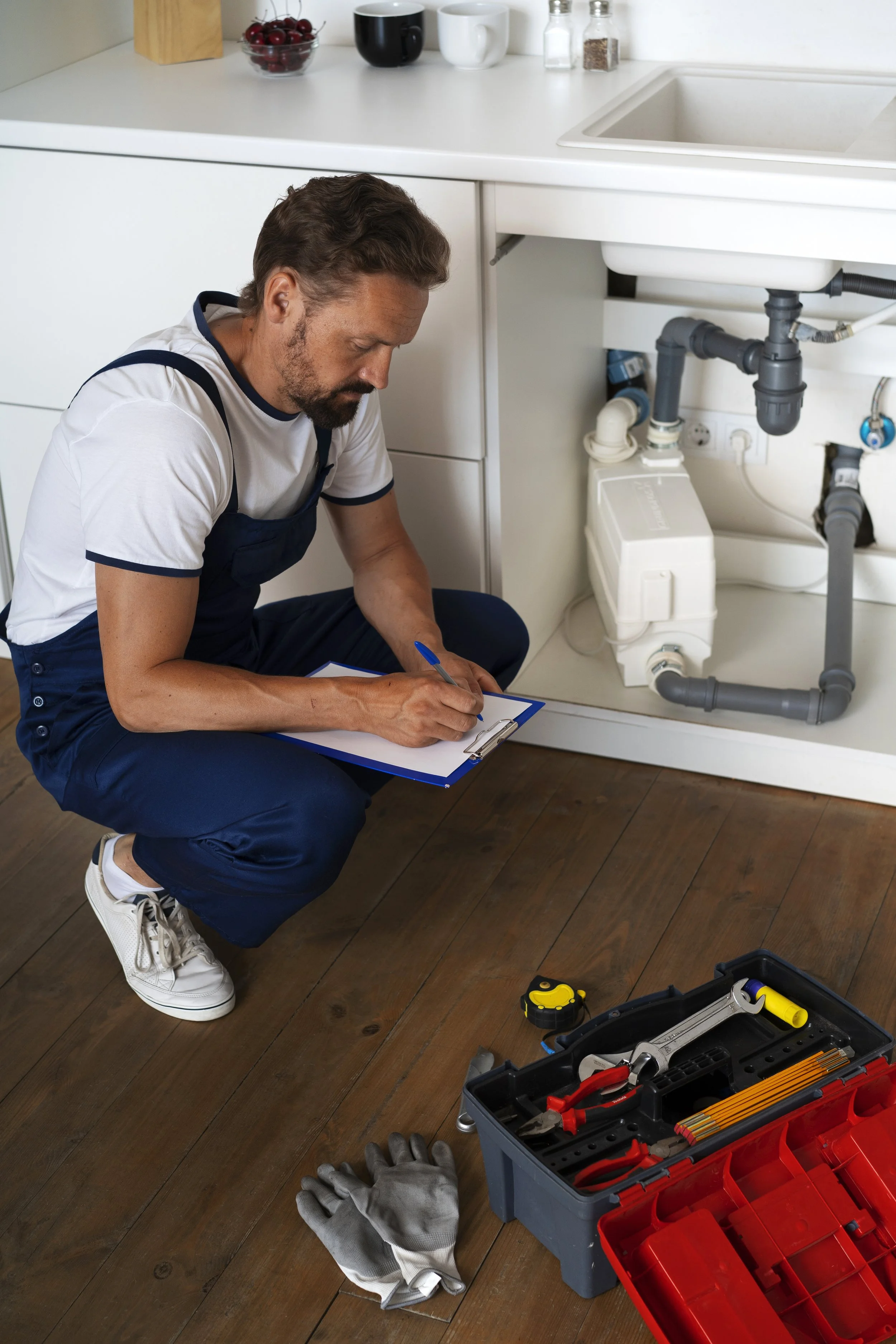 A man in work overalls kneeling on a hardwood floor taking notes on a clipboard next to an open toolbox filled with tools. There are gloves on the floor nearby and kitchen pipes under the sink in the background.