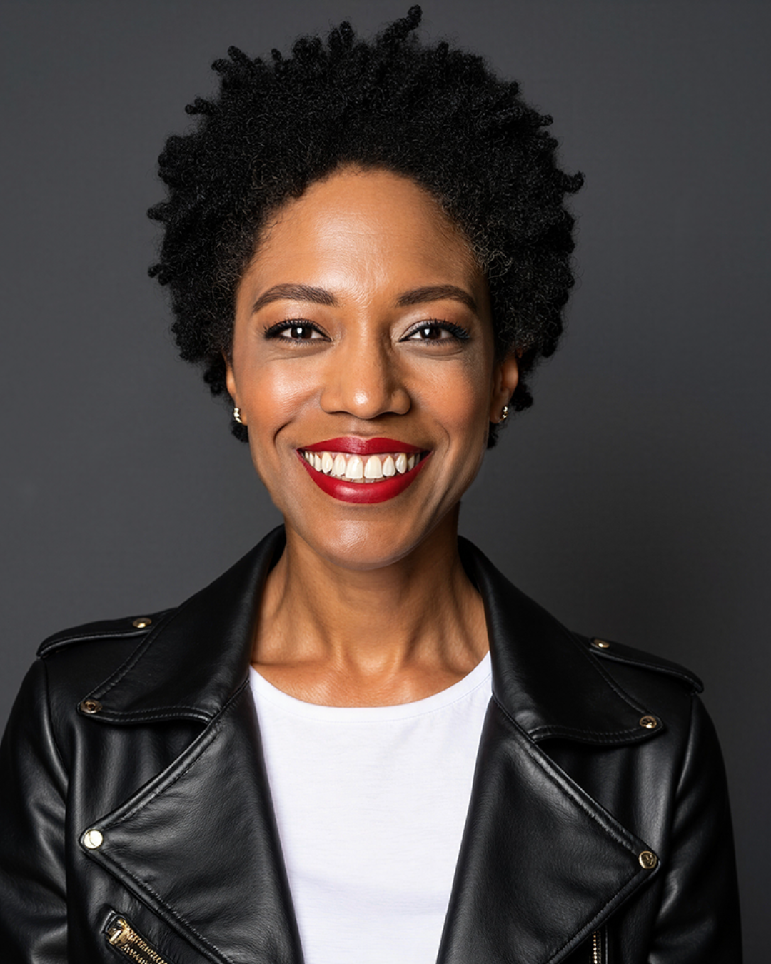Portrait of a smiling woman with short curly black hair, red lipstick, wearing a black leather jacket and a white shirt against a dark gray background.