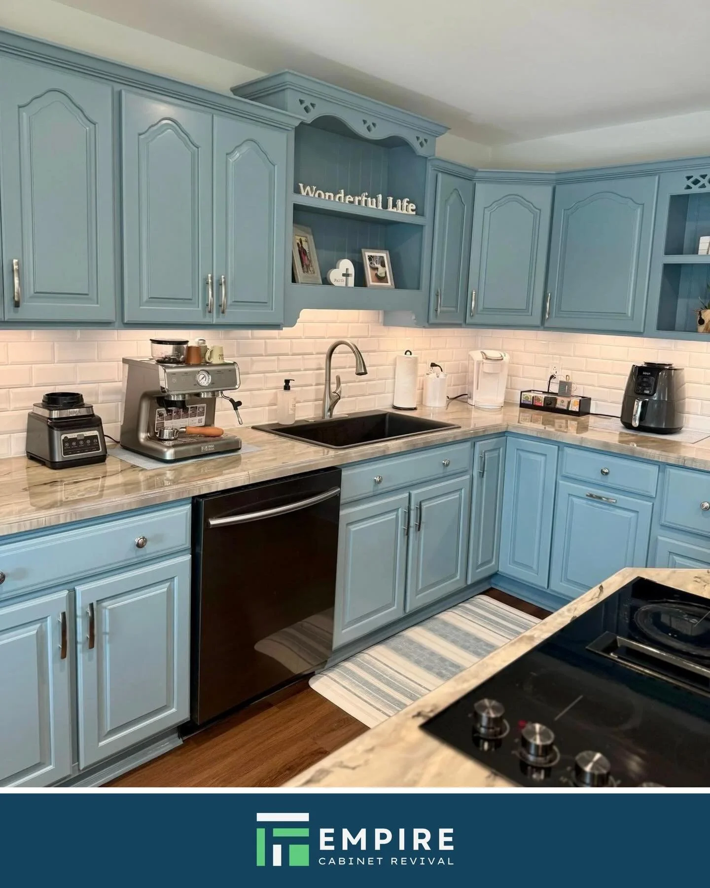 One of the biggest surprises for homeowners is how much a color change can transform a space. When the tones shift from heavy or outdated to clean and modern, the entire room feels brighter and more open. Add in the right hardware, a smooth sprayed f