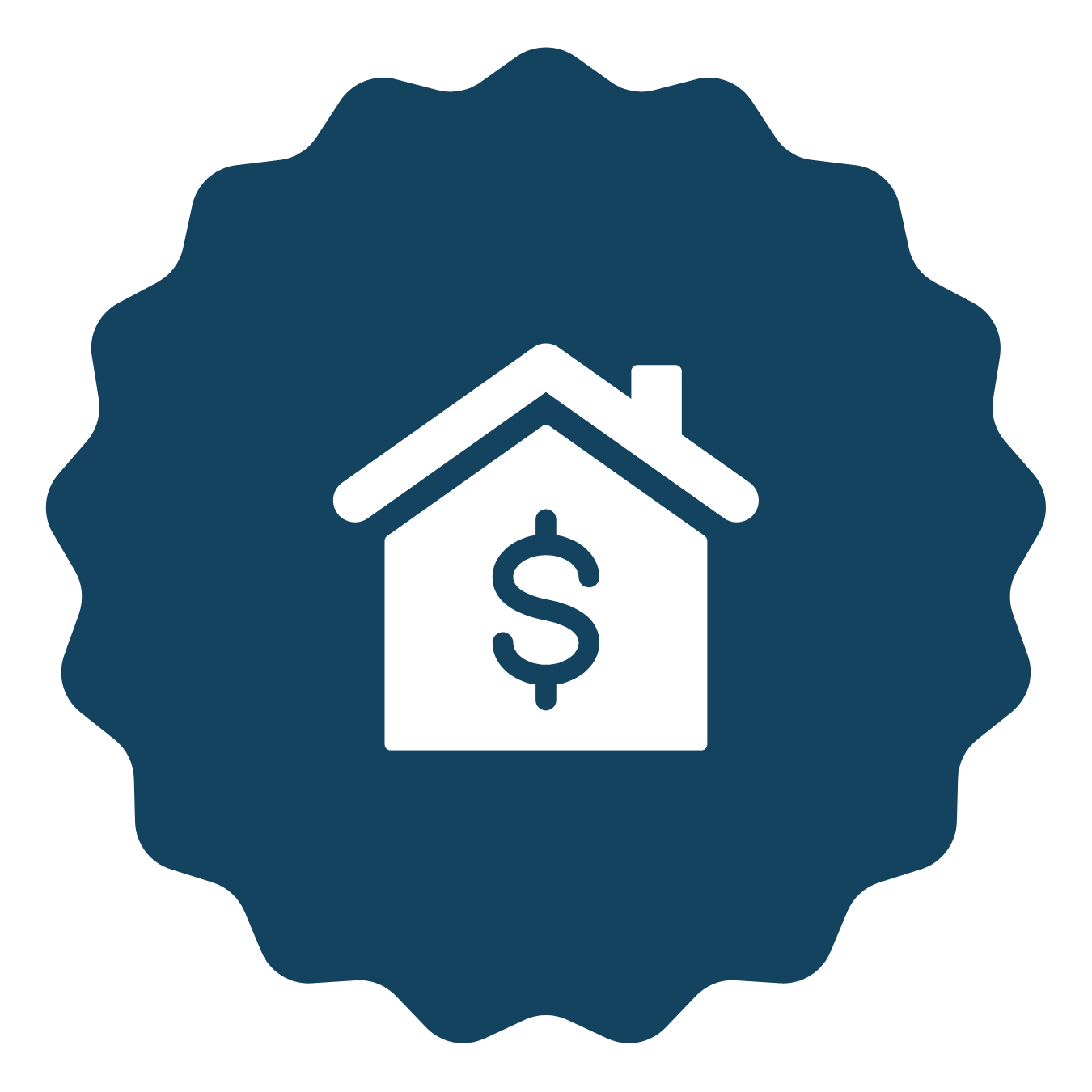 Icon of a house with a dollar sign inside, set against a dark blue circular background with a scalloped edge.
