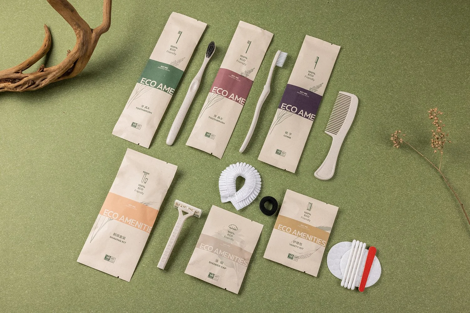 AS-005　エコ紙袋アメニティセット
内容：歯ブラシ・コーム・カミソリ・シャワーキャップ等／FSC認証紙など環境配慮型封筒パッケージ／エコプラン・SDGs取組向け