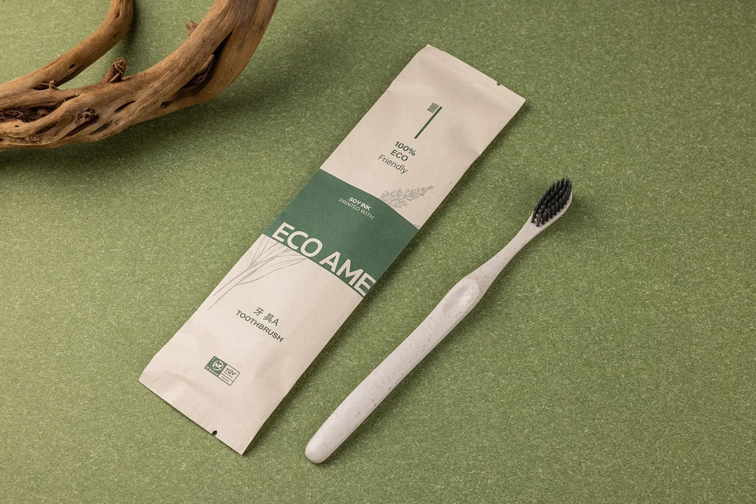 TB-002A｜柄：PP＋秸秆（バイオマス）｜毛：ソフト・ナイロン先細テーパード0.15mm｜全長18.5cm｜約11g/本｜アイボリー（柄）・ブラック（毛）｜名入れ印刷可（紙箱／OPP個包装／紙袋）