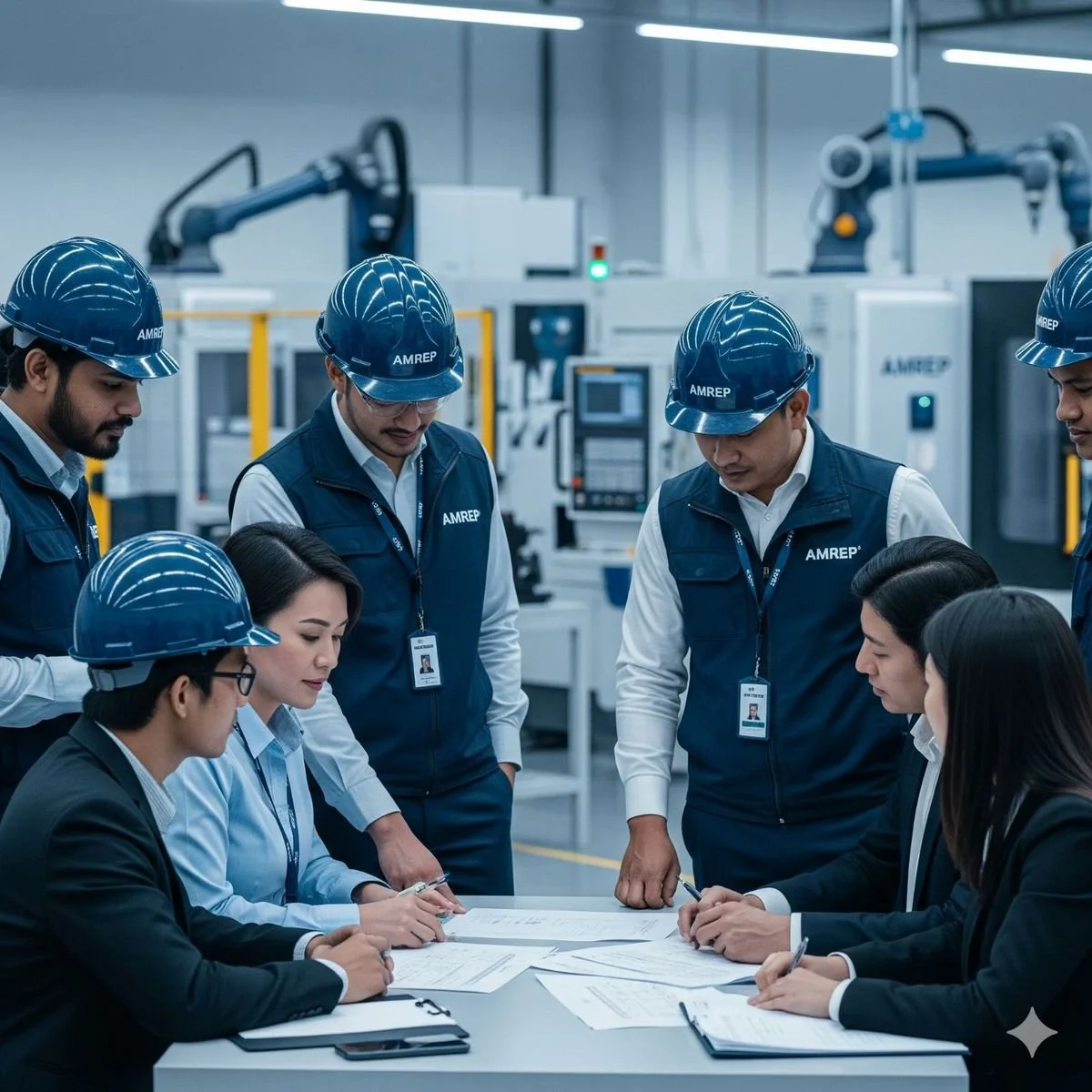 A group of men and women in an industrial setting, wearing safety helmets and work vests, are gathered around a table reviewing documents and discussing a project or operation.