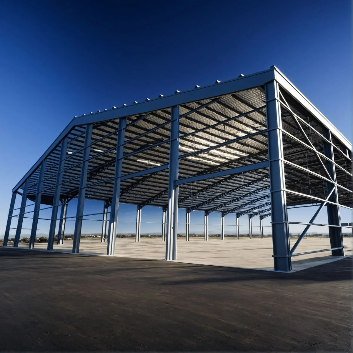 Steel framework of an open building under construction against a clear blue sky.