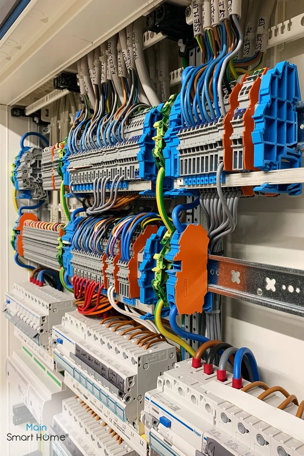 Electrical control panel with various wires, connectors, and circuit breakers.