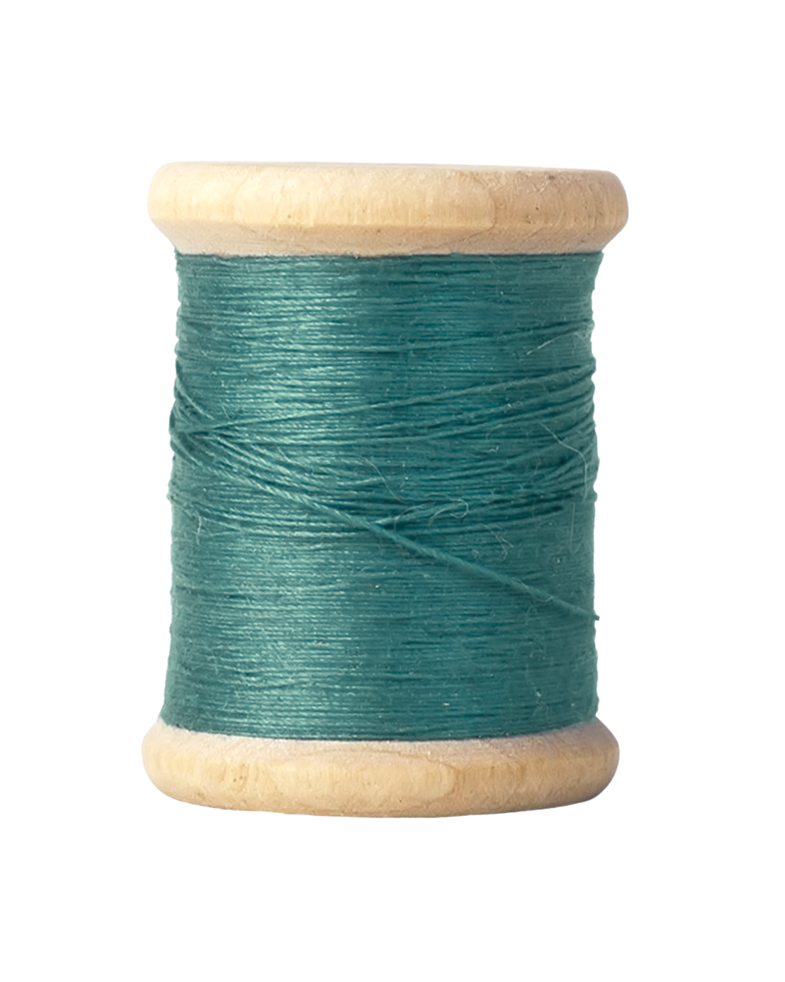 A wooden spool of teal-colored thread.
