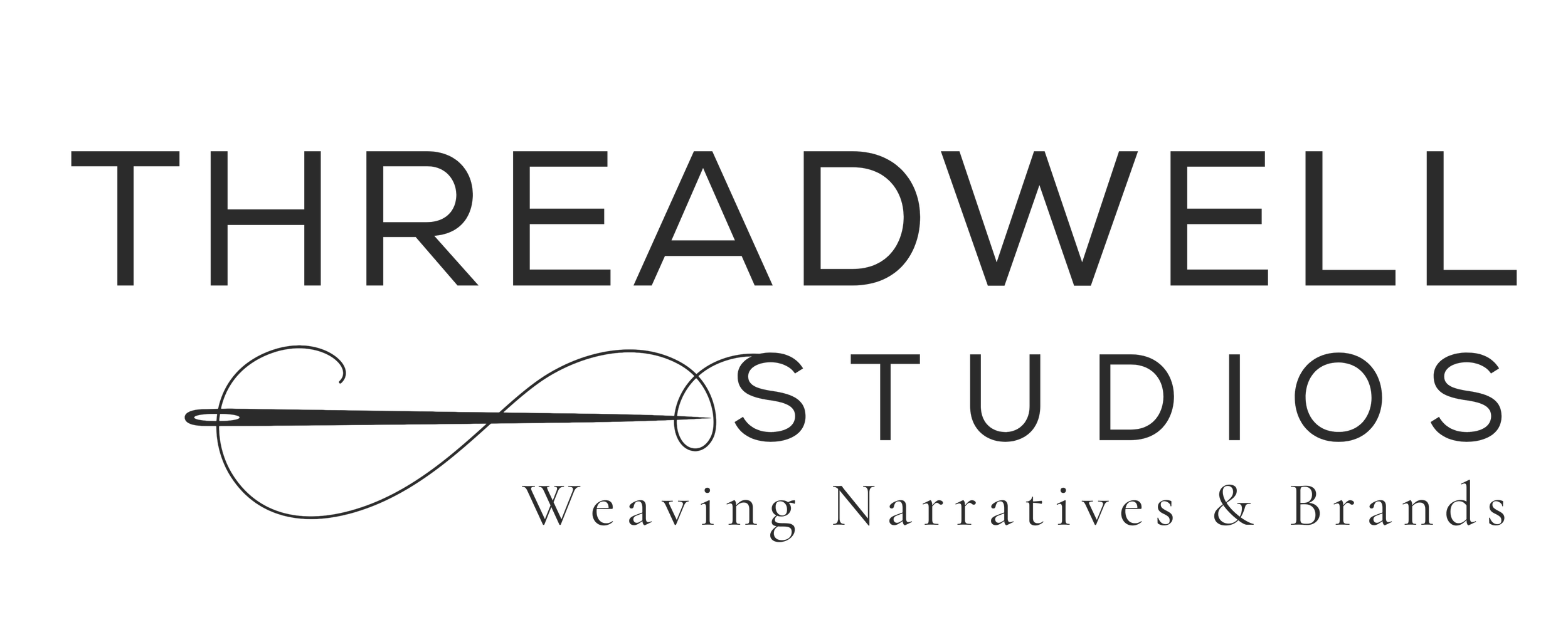 Logo for Threadwell Studios with tagline 'Weaving Narratives & Brands' in black and gray