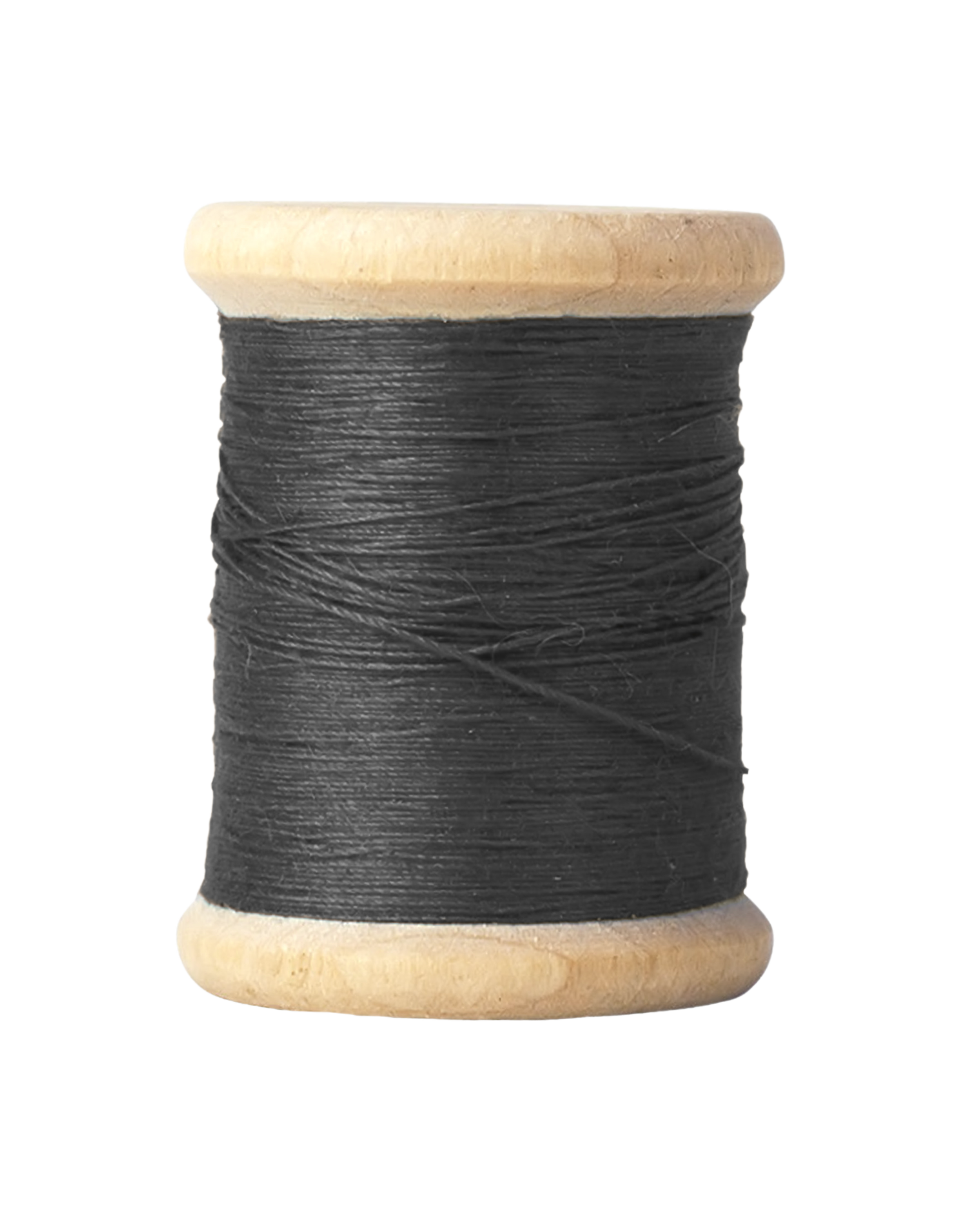 A spool of black thread wound around a cream-colored wooden reel.
