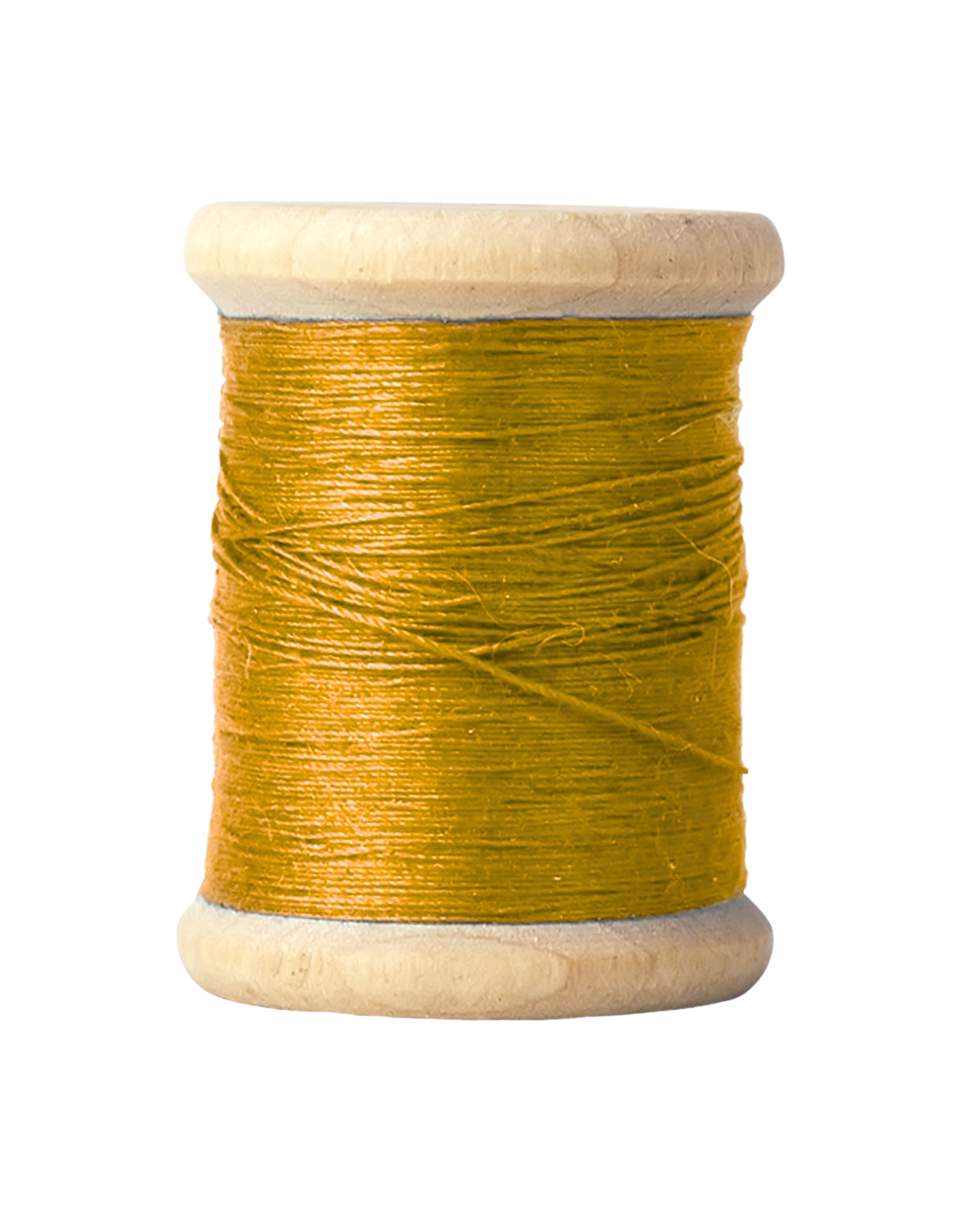 Close-up of a gold-colored thread spool with a light-colored wooden core.