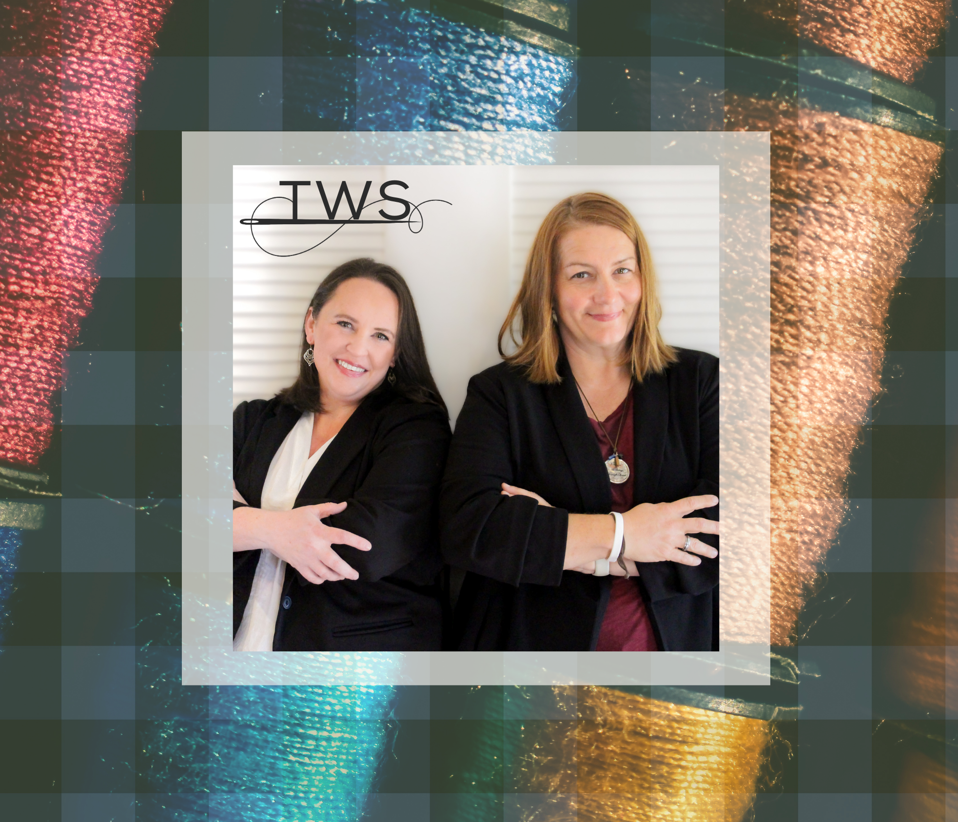 Two women posing with crossed arms in front of a white, horizontal-louvered background, with a logo that reads "IWS" in the upper left corner of their photo, placed over a colorful, textured background.