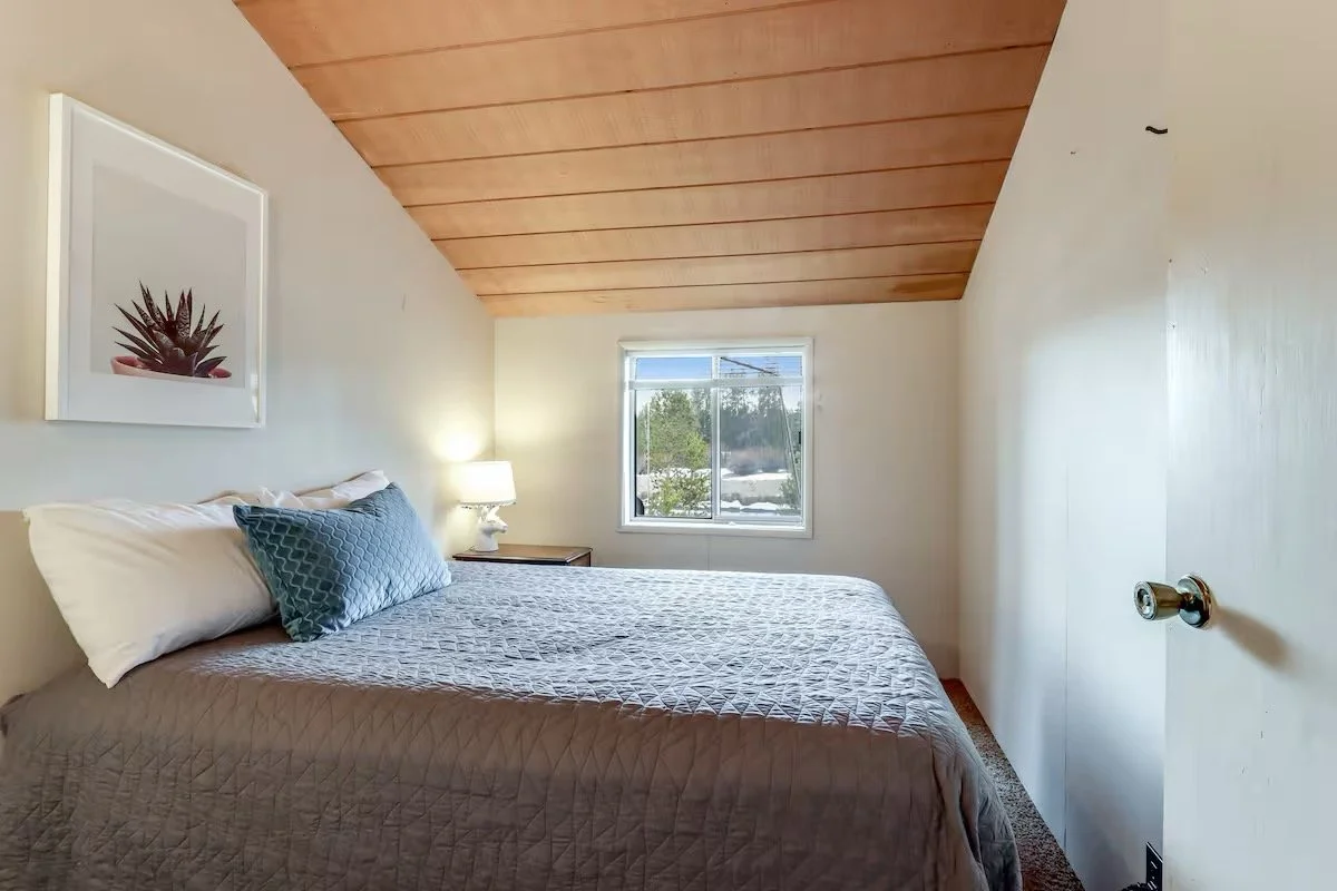 A bedroom with a bed that has two white pillows and a blue pillow, a nightstand with a lamp, a window showing outdoor trees and snow, and a framed picture of a plant on the wall.