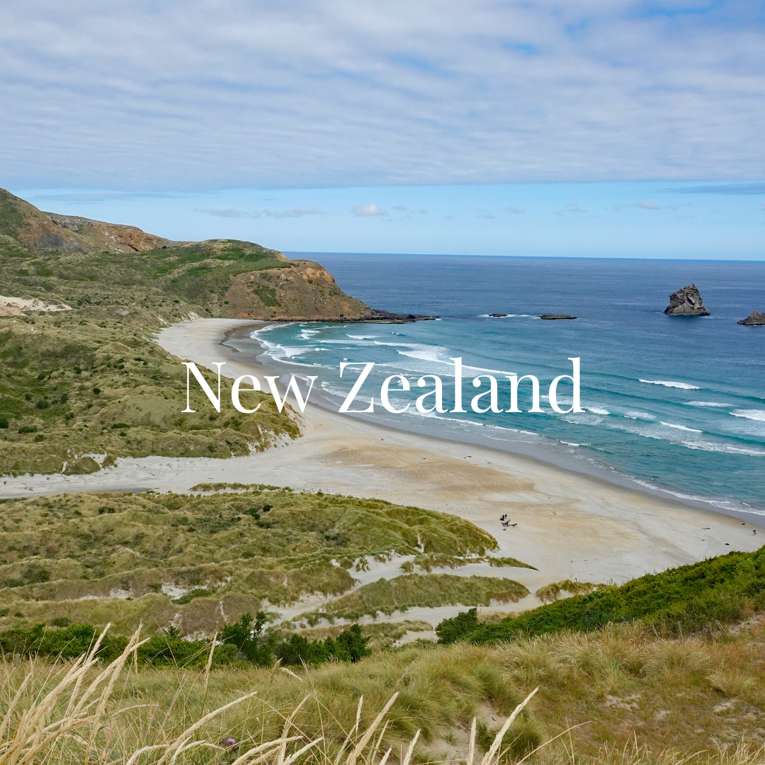 Scenic coastal view of a beach in New Zealand with green cliffs, sandy shoreline, and ocean waves, under a partly cloudy sky.