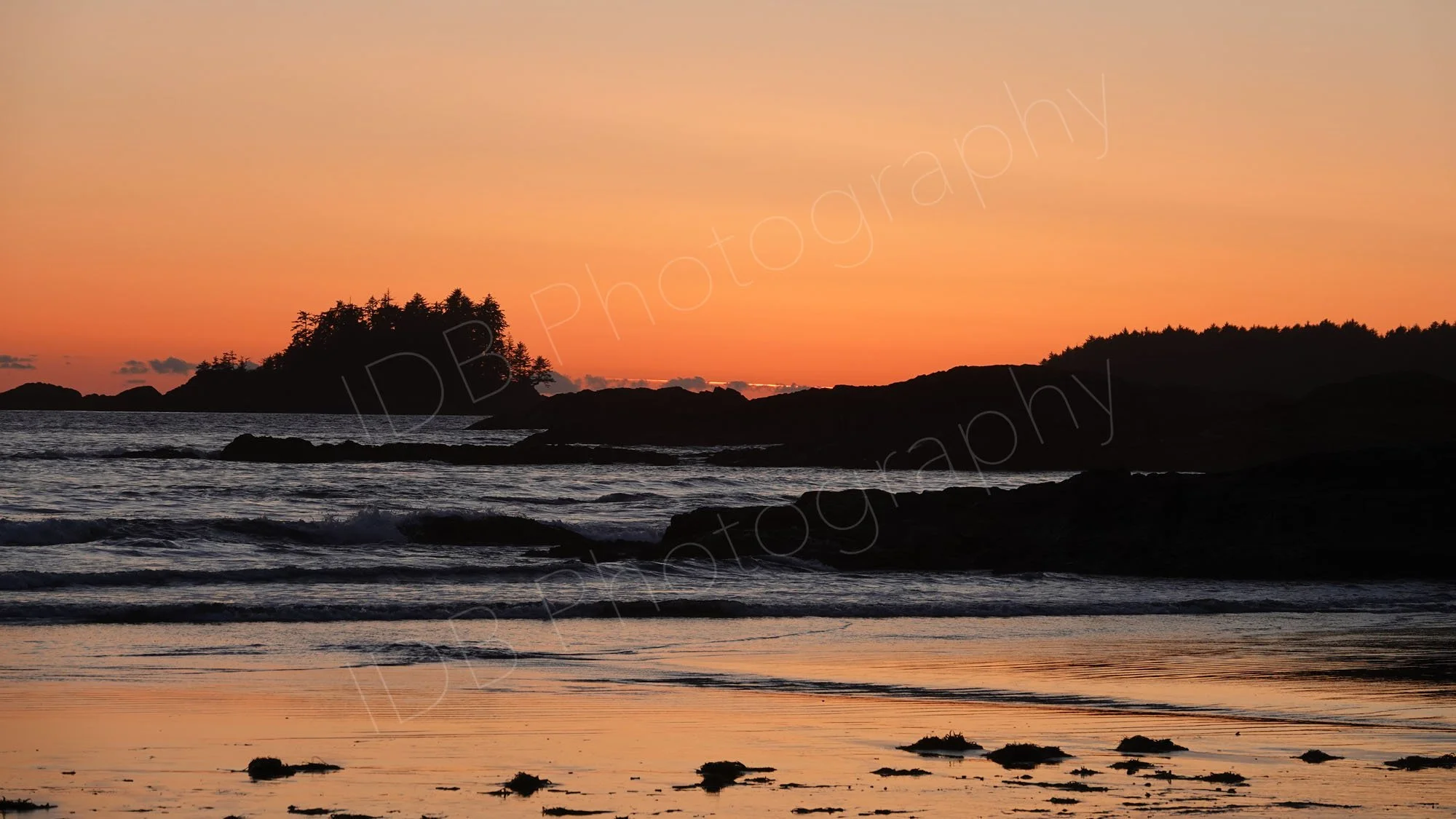 A scenic coastal sunset with land and trees in silhouette, and orange reflections on the wet sand at Chesterman Beach, Vancouver Island, BC.