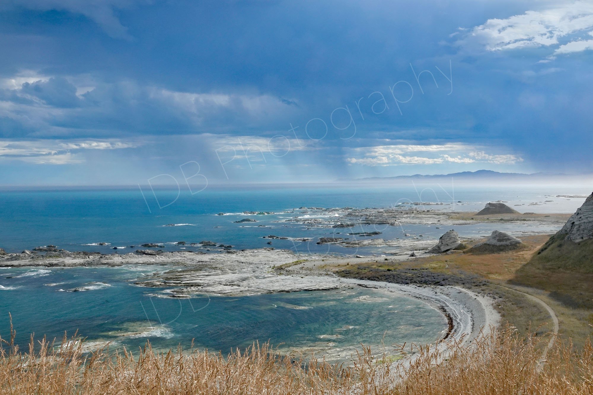 Seal beach, Kaikoura, Canterbury,  New Zealand. Horseshoe bay with large areas of exposed rocky plateau, storm clouds and rain in the distance.
