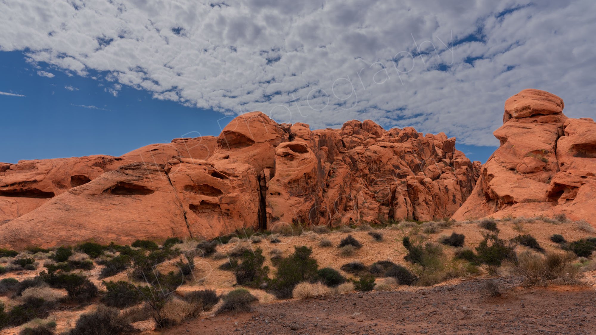 Irregular masses of red Aztec Sandstone with scrubby desert, blue sky and nice cloud formations in Valley of Fire State Park, Nevada.