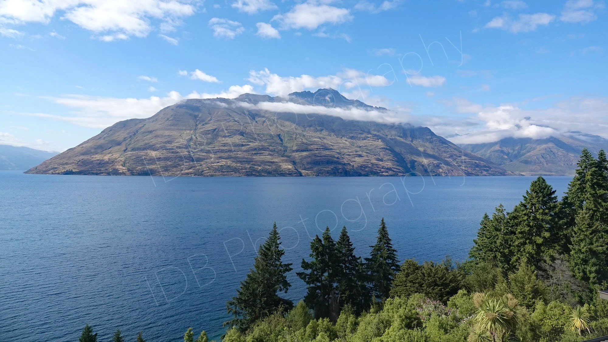 Cecil Peak and Lake Wakatipu with greenery in foreground at Queenstown, Otago, New Zealand.