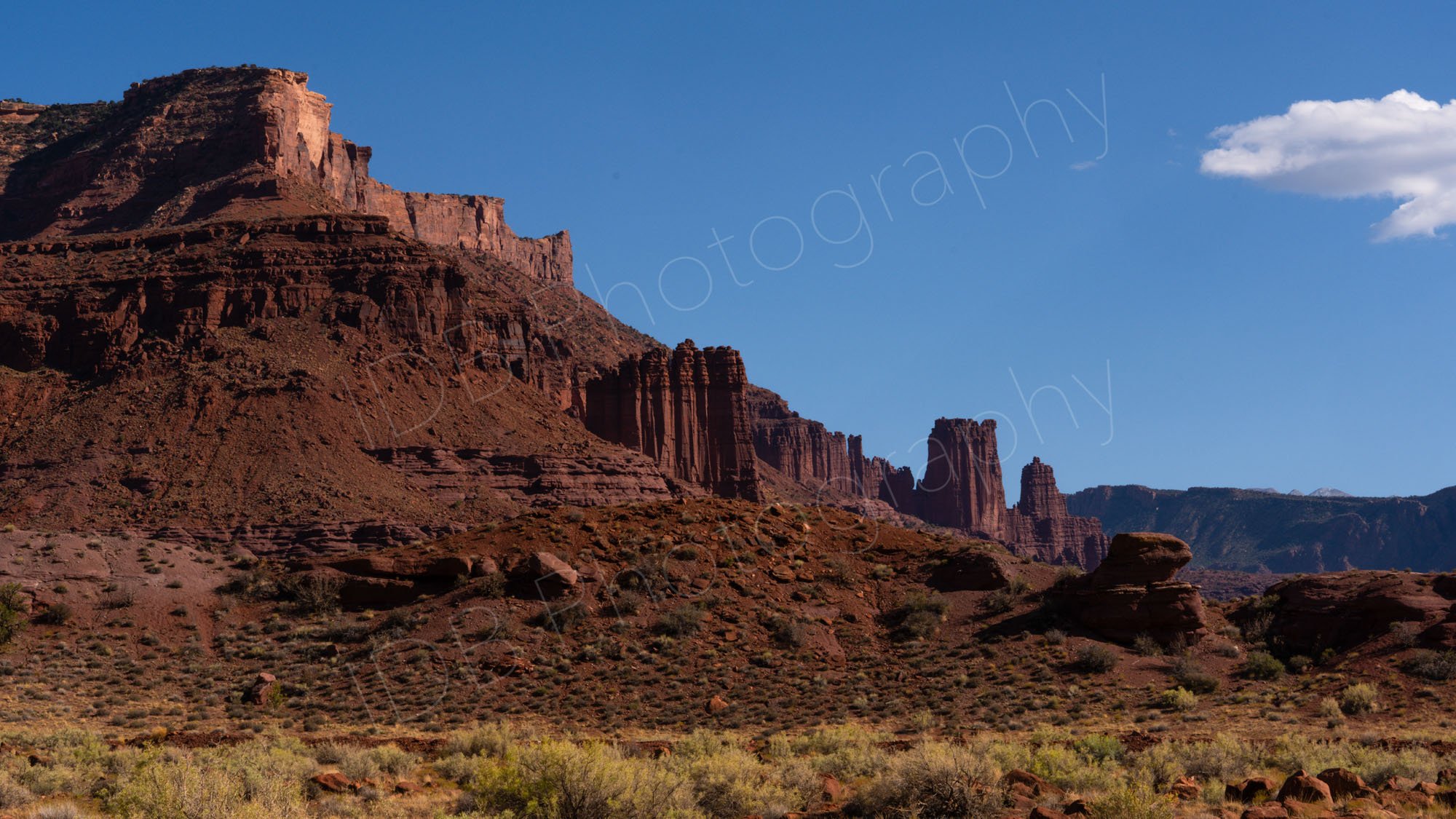 A scenic view of the rugged red rock spires of the Fisher Towers near Moab with a green and brown scrubby foreground and vivid blue sky.
